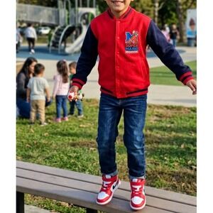 Nintendo Super Mario Boys Varsity Jacket Red Navy Blue Snap Front Size 13/14
